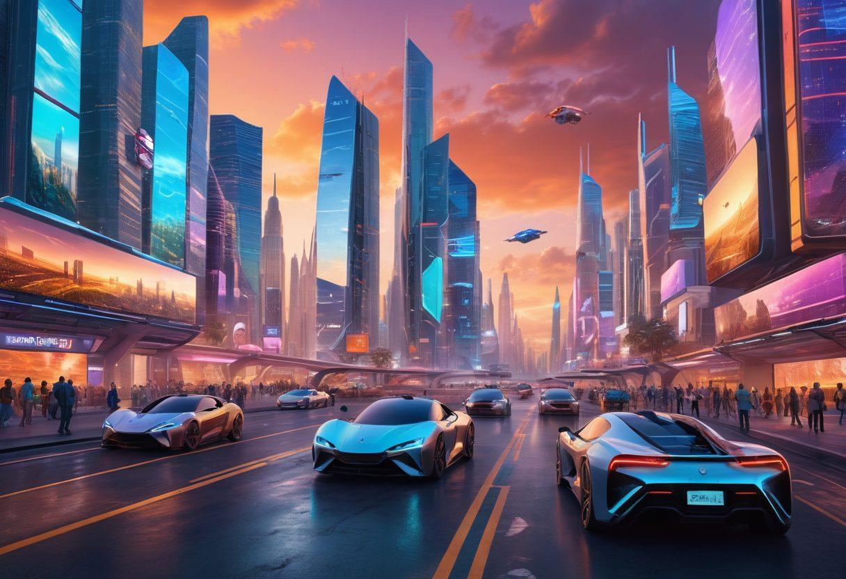 A futuristic city skyline at sunset, showcasing advanced technology with flying cars and digital billboards displaying innovative software solutions. In the foreground, a diverse group of people actively engaging with holographic devices and augmented reality interfaces. Emphasize a sense of connectivity and progress in a tech-savvy environment. vibrant colors. super-realistic.