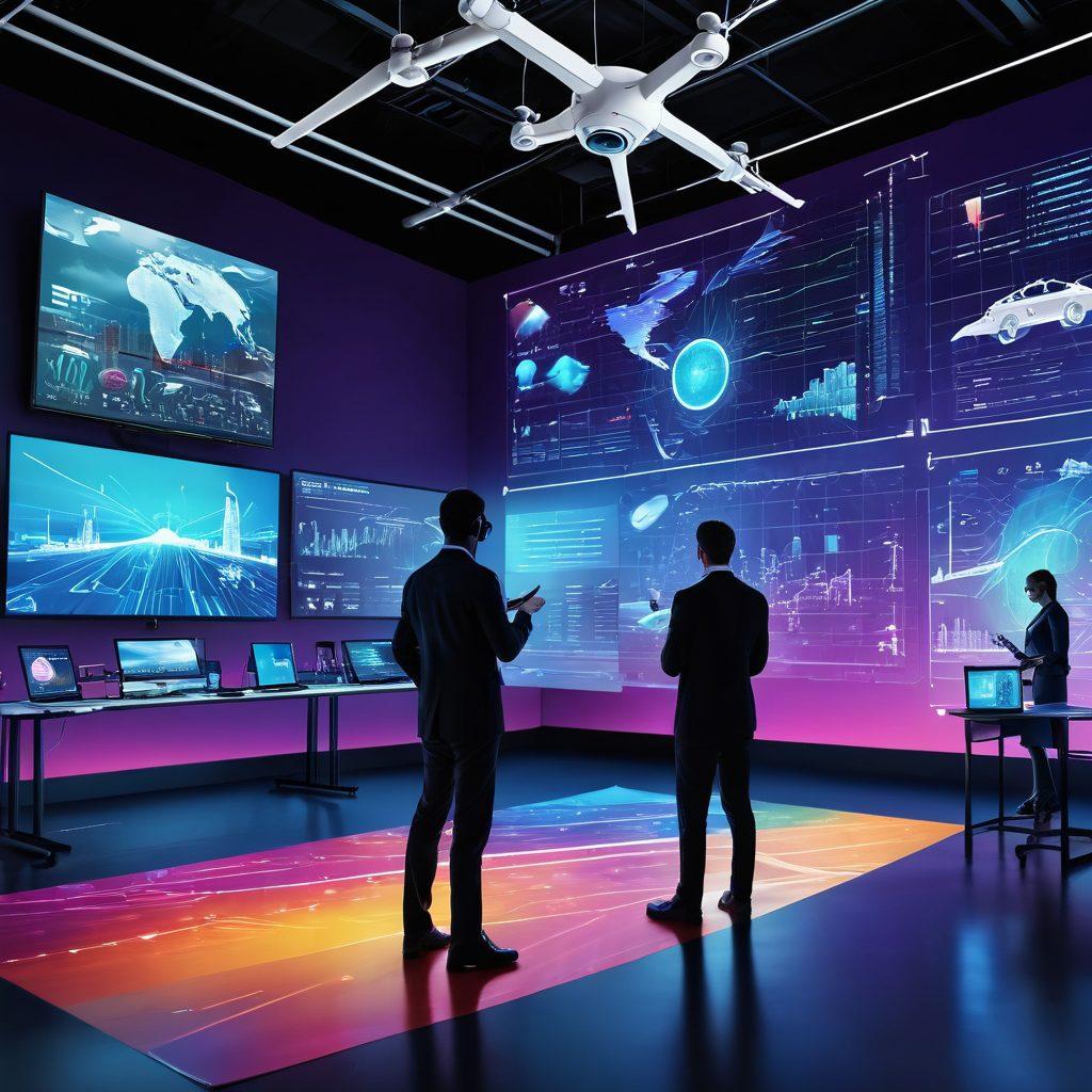 A futuristic landscape showcasing various technological tools, such as drones, virtual reality headsets, and AI interfaces, being used by a diverse group of professionals in a collaborative setting. Vibrant colors highlight the energy and innovation of the scene, while a digital interface displays trending data and graphs in the background. The atmosphere is dynamic and inspiring, representing movement and progress. super-realistic. vibrant colors. white background.